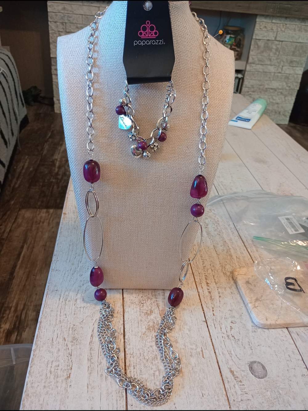 Paparazzi Silver Chain Necklace / Bracelet Set with Purple Beads